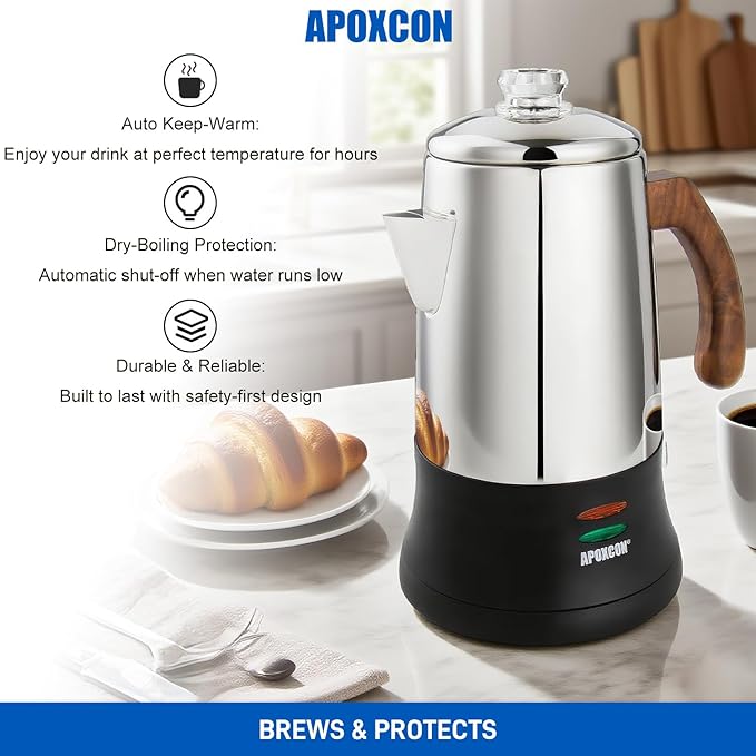 APOXCON Electric Coffee Percolator Stainless Steel Coffee Maker with Tough Glass Clear Brew Progress Knob & On/OFF Switch Keep Warm Cordless Serve for Home and Hotel Room Use Gift Box Packaging 6 Cup