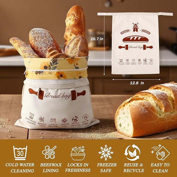 2 Pack Beeswax Bread Bags & Canvas Bags for Storage for Sourdough, Bees Wax Homemade Bread, Removable Patterned, Easy to Clean (16.7x12.8 In), Organic Cotton, Double Freshness Zipper & Velcro