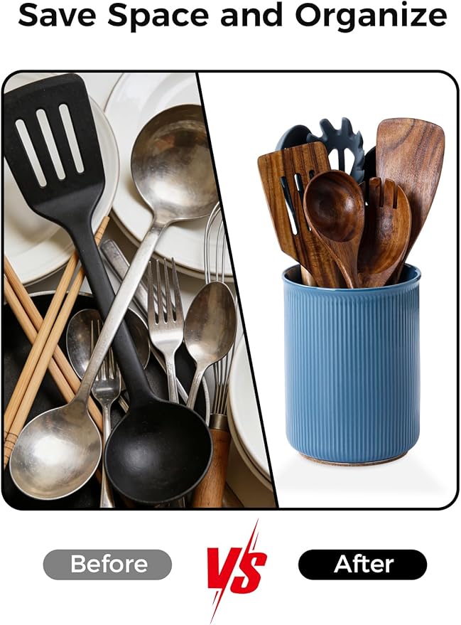 LoeJan Utensil Holder, Extra Large Utensil Crock, Stable Ceramic Utensil Organizer, Cooking Tool Organizer Set for Kitchen Counter Farmhouse Décor, Blue