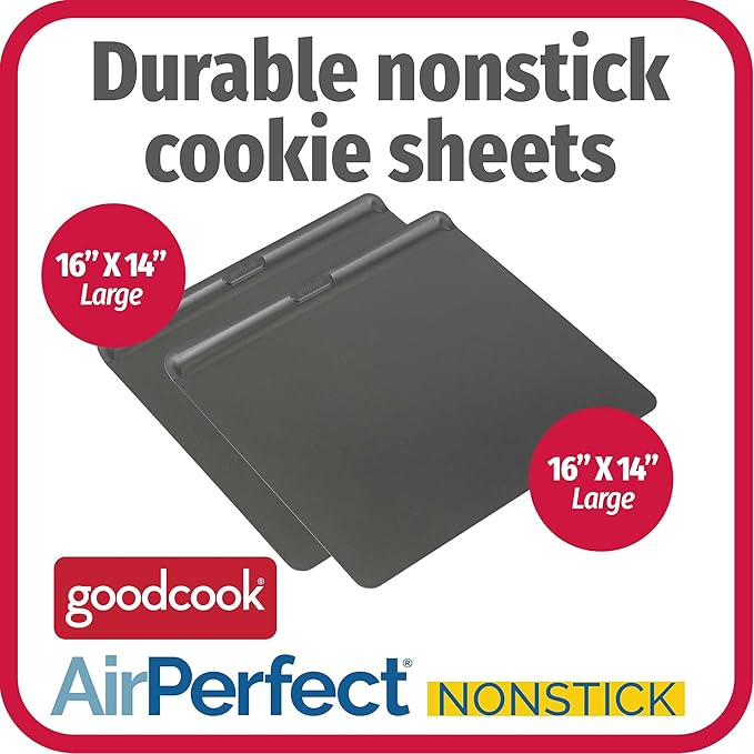 GoodCook AirPerfect Insulated Cookie Sheets Set of 2 Nonstick Carbon Steel Construction Pans for No-Burn Baking with Ergonomic Grip, 16 x 14-Inch, Gray