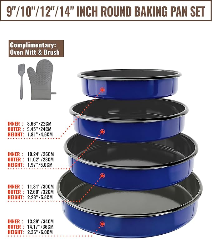 Enamel Roasting Pan Set Round Baking Dish 4-Pack 9/10/12/14 Inch Non Stick High Temperature Resistance Bakeware for Pizza & Salad, Oven Dishwasher Safe Mother Day Gift for Wife & Mom Cake Pan
