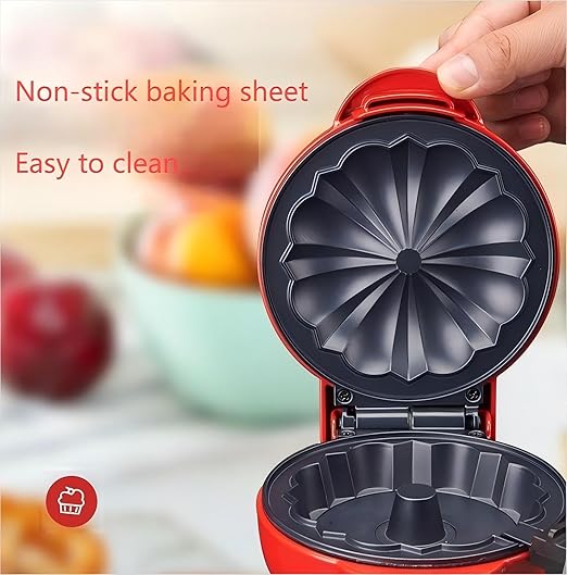 Cake Maker Machine for Lava Cake, Mini Donuts, Waffles, Pancakes - Breakfast, Snacks, Desserts - Non-stick Surface, Double-sided Heating, Red