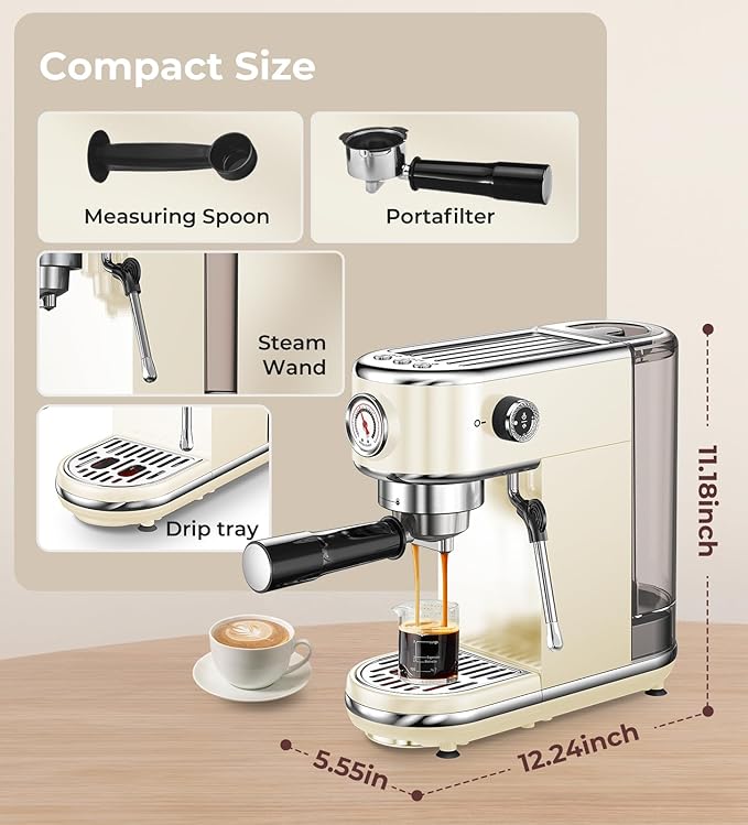 atatix 20 Bar Espresso Machine with Milk Frother, Compact Espresso Maker, Stainless Steel Coffee Machine with Precise Temp Control & 44oz Removable Water Tank for Latte, Cappuccino, Creamy White