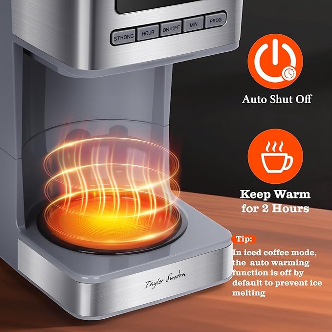 Taylor Swoden Programmable Coffee Makers 12 Cup, Hot and Iced Coffee Maker, 4 Brew Strength, LED Display, 24H Timer, Keep Warm&Auto Shutoff- Drip Coffee Machine for Home/Office, Gray & Stainless Steel