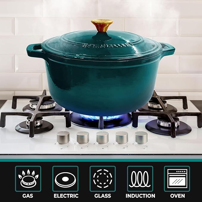 MUELLER HOME 7.5 QT Enameled Cast Iron Dutch Oven, Heavy-Duty Casserole Dish and Braiser Pan with Lid and Stainless Knob, Oven-Safe up to 500° F & Across All Cooktops, Emerald