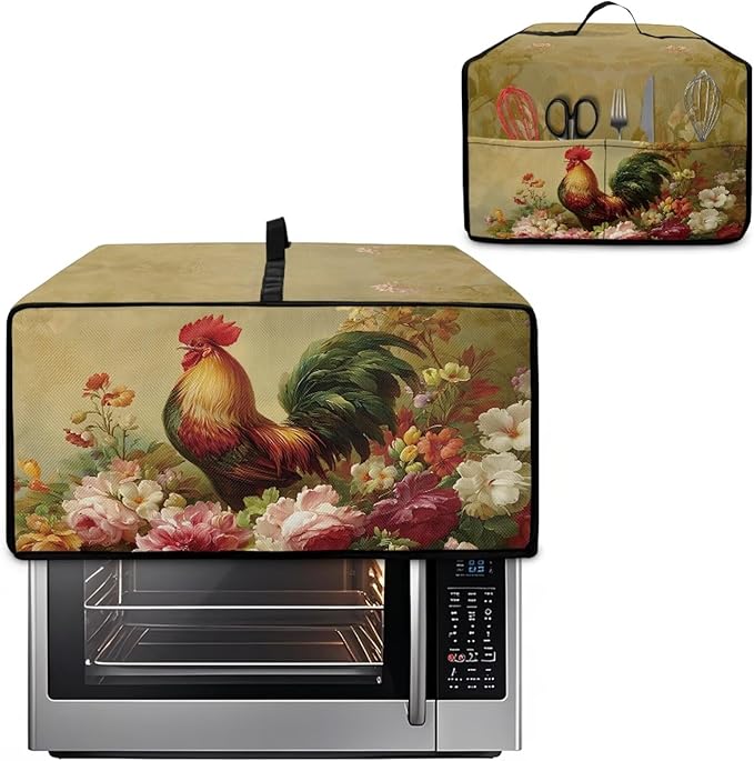 Air Fryer Toaster Oven Dust Cover Dust Protection Countertop Convection Oven Cover Stain-resistant Kitchen Appliance Protector, M, Chicken Rooster Vintage Floral