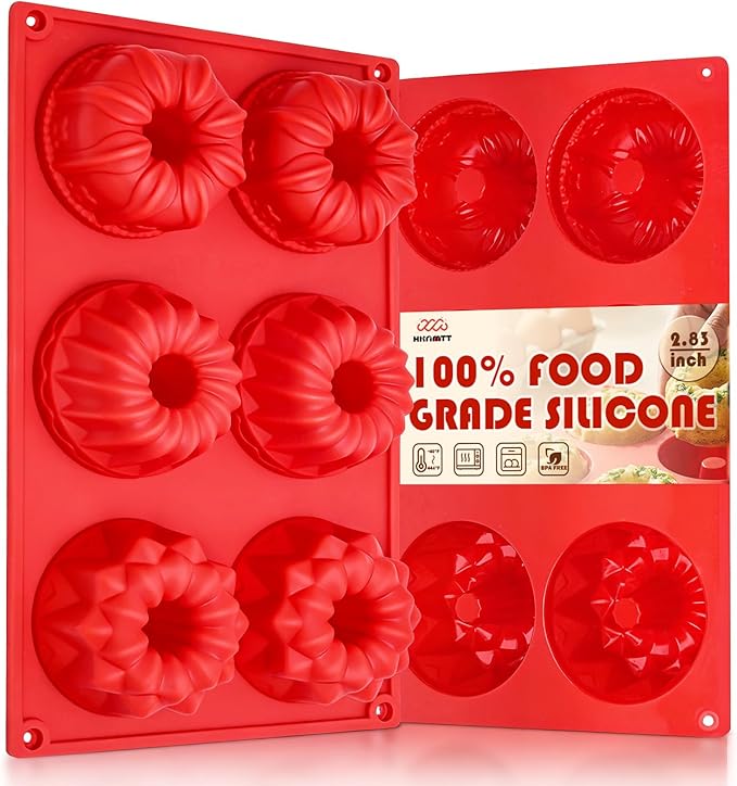 HKMTT Small Silicone Buntz Pan, Mini Fluted Tube Rum Cake Baking Molds, 6 Cavities 2 Pack 3 Shaped BPA Free Oven Safe Food Grade Non Stick Moulds