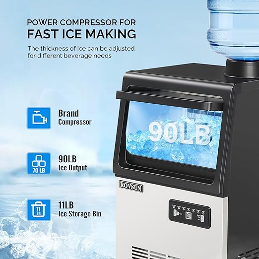 ROVSUN 90LBS/24H Commercial Ice Maker with 2 Water Inlets, Stainless Steel Ice Machine Countertop & Freestanding for Restaurant Bar with 11lbs Storage Bin, Ice Scoop, Drain Pipe & Water Filter
