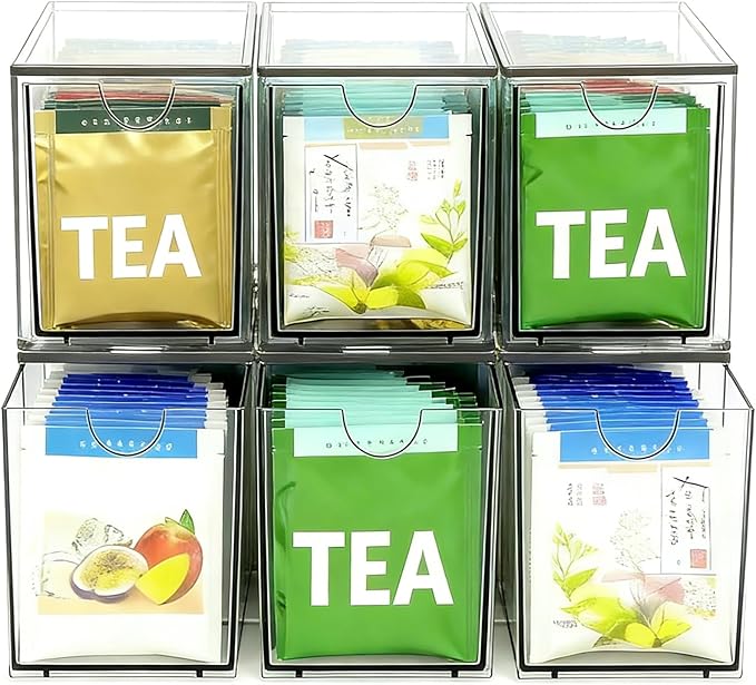 4 Pack Stackable Tea Bag Storage Organizer Drawers – Clear Acrylic Tea Bag Holder for Cabinet, Drawer, Pantry, Countertop – Kitchen Tea Storage Container