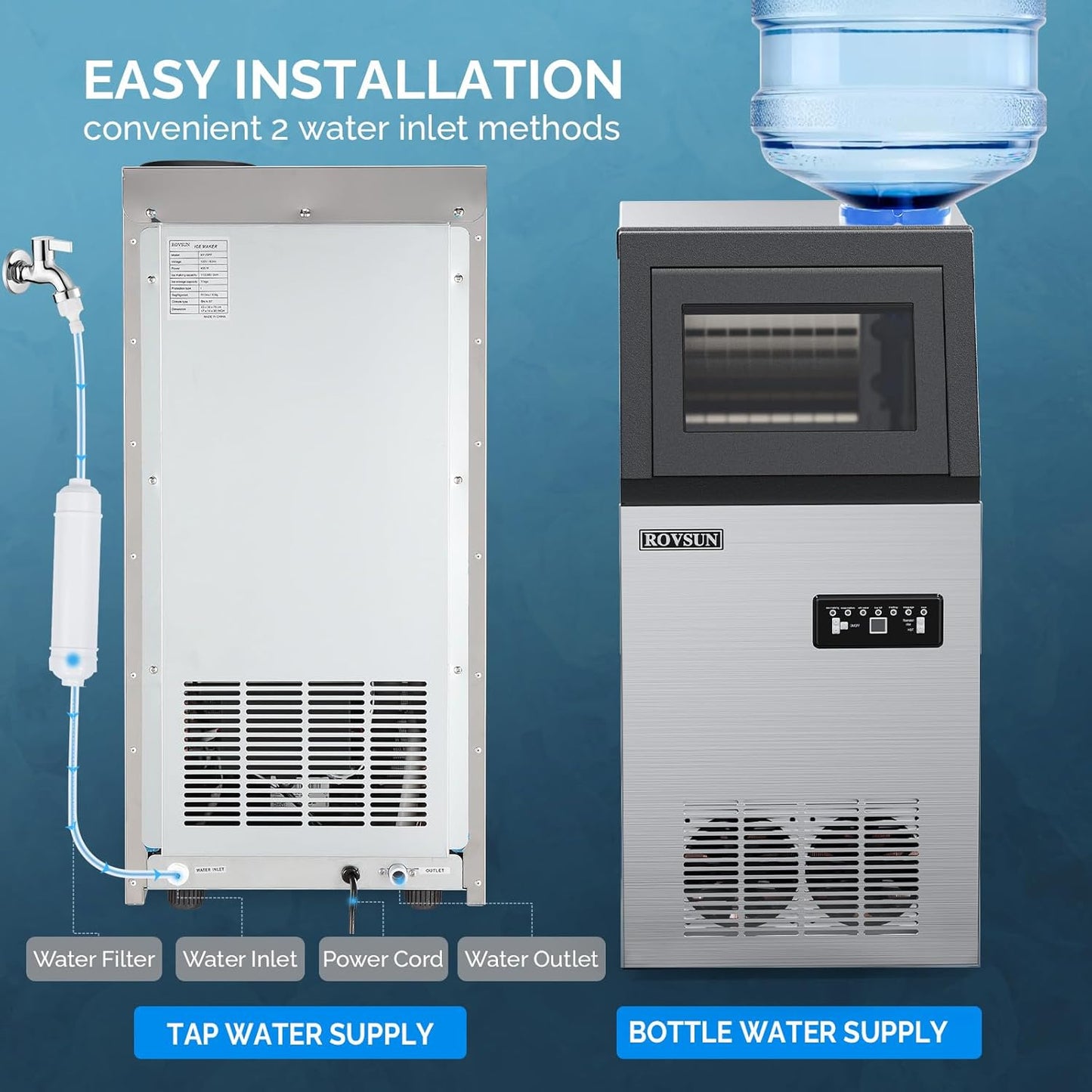 ROVSUN 150LBS/24H Commercial Ice Maker Machine with 2 Water Inlets, Freestanding Ice Machine with 24lbs Storage Bin, Ice Scoop & Water Filter for Home Office Restaurant Bar Cafe