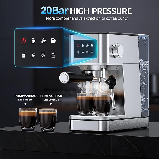 20 Bar Espresso Machine with Milk Frother, Stainless Steel Coffee Maker with Touch Screen & Cold Brew, 45s Fast Heat Small Cappuccino & Latte Machine with 57.5oz Removable Water Tank for Home, Silver