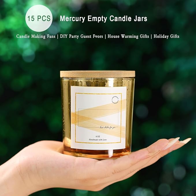 LAMORGIFT 15 Pack Glass Candle Jars With Lids (8oz, Gold) - Empty Containers for Making Candles - Mercury Glass Jars With 20 Pcs Labels - Accessories Included