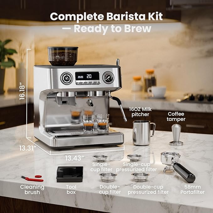 Kismile Dual Boiler Espresso Machine with Grinder, 20 Bar Espresso Maker with Milk Steamer & Hot Water, Dual LED Display, Pressure Gauge, Burr Grinder, coffee Machine for Home&Office, Stainless Steel