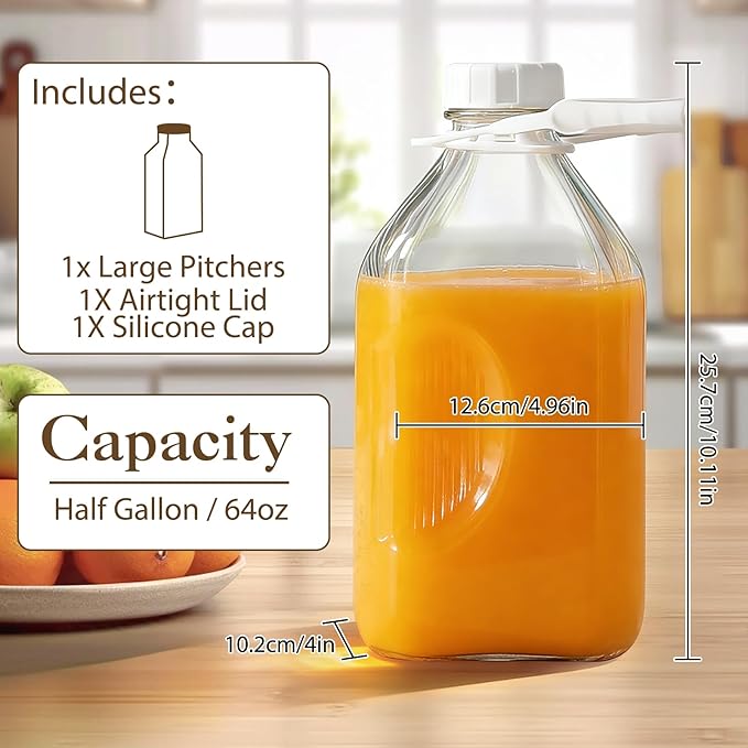 CUCUMI Glass Milk Bottle with Reusable Strong Airtight Screw Lid, 1 Pack 64 Oz Glass Juice Bottles for Almond Milk