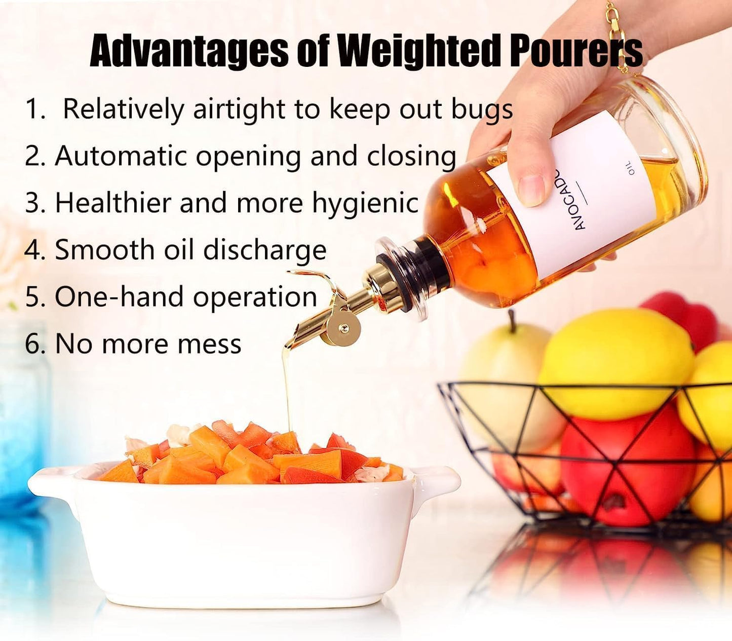 Pafusen 2 Pack Auto Flip Olive Oil Dispenser, Liquor Pour Spout, Oil Dispenser for Kitchen, Easily Turn Your Bottles into Dispensers for Liquor, Coffee Syrup or Oils, Weighted Pourer, Rose Gold