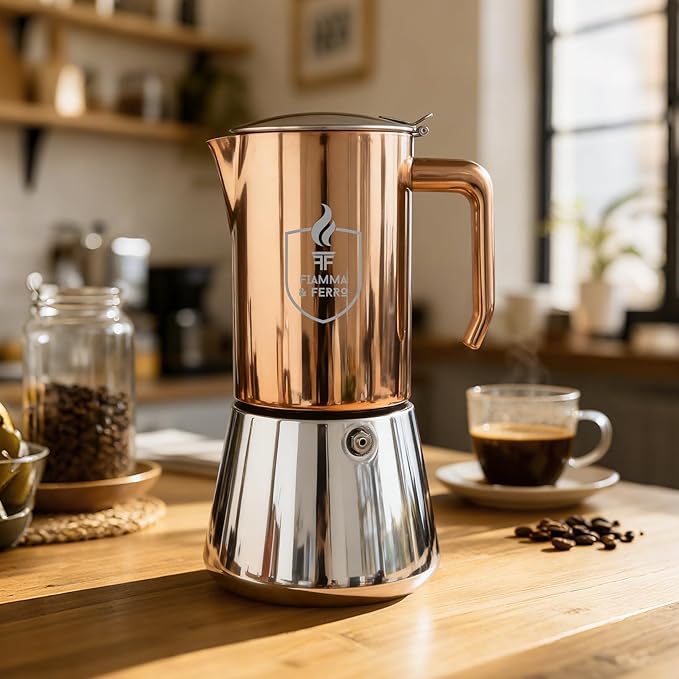 FIAMMA & FERRO Premium Italian Espresso Maker - 12-Cup (20oz) Stainless Steel Moka Pot, Copper PVD Finish, Induction Compatible, No Aluminum