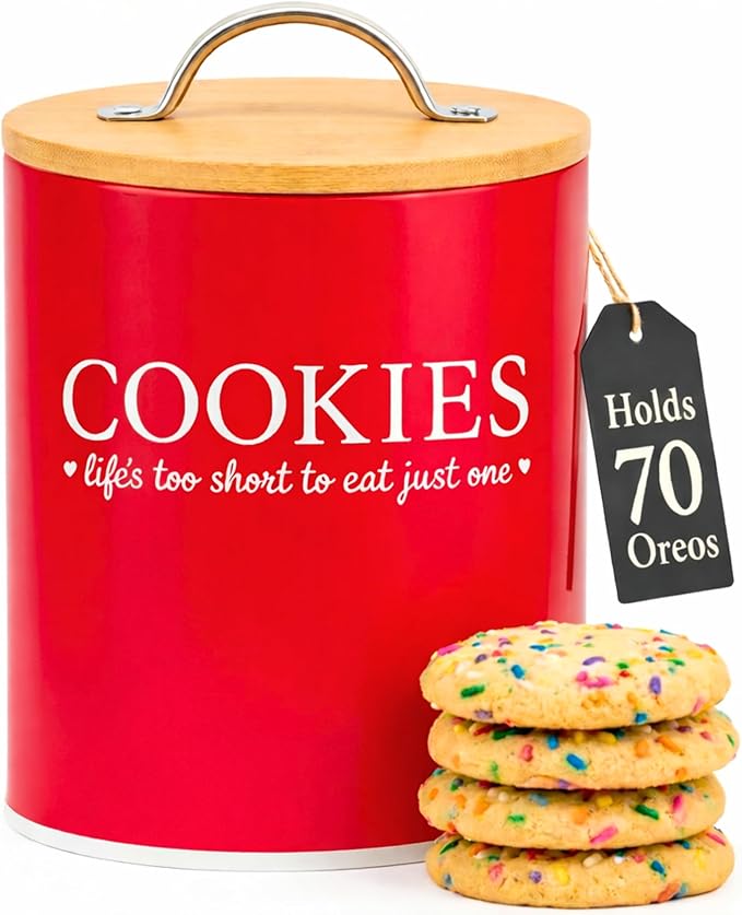 D'Lifeful Farmhouse Airtight Cookie Jar with Bamboo Lid - Kitchen Counter Storage Container for Cookies or even Candy (Red, Small Size (6.5" x 5.25"))
