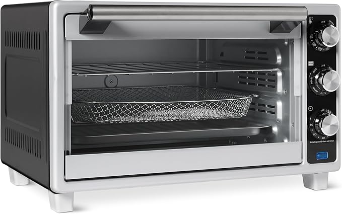 Amazon Basics 6-Slice 23-QT Toaster Oven with Built-In Air Fryer, 7-In-1 Cooking Options, 60-Min Timer & Adjustable Temperature (200°F - 450°F), With Accessories, 1500W, Stainless Steel, Silver/Gray