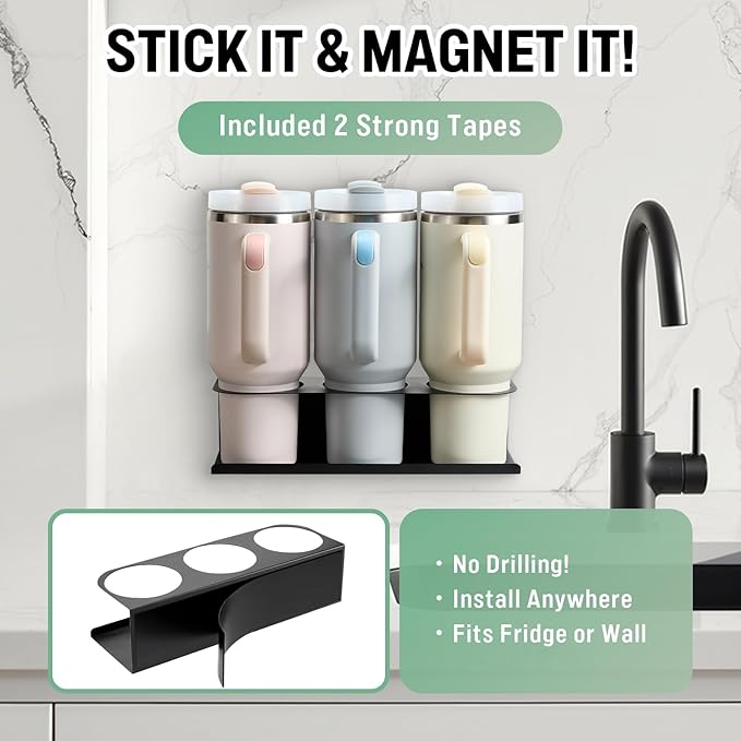 2 Pack Magnetic Cup Holder for Fridge, Water Bottle Organizer for Stanley and Tumbler with Double Sided Tape Hold Stanley Cup Accessories for Kitchen Cabinet