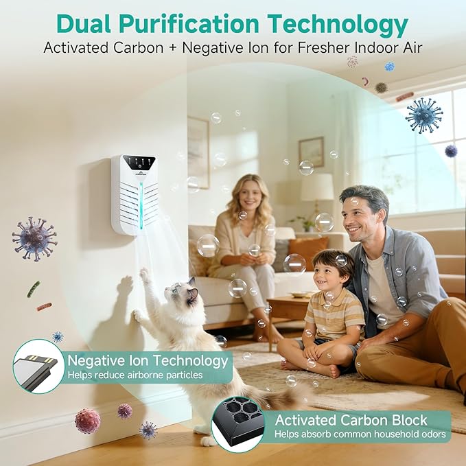 Air Ionizers for Home with Activated Charcoal, Cat Litter Deodorizer, HEPA Plug In Negative Ion Generator for Small Spaces, Bathroom, Office & Kitchen, Pet Odor Eliminator for Smoke, Dust