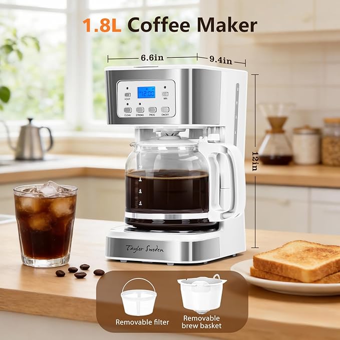 Taylor Swoden 12-Cup Programmable Coffee Maker, Regular & Strong Brew Drip Coffee Machine for Home and Office, Glass Carafe, Pause & Serve, Auto Shut Off, White & Stainless Steel