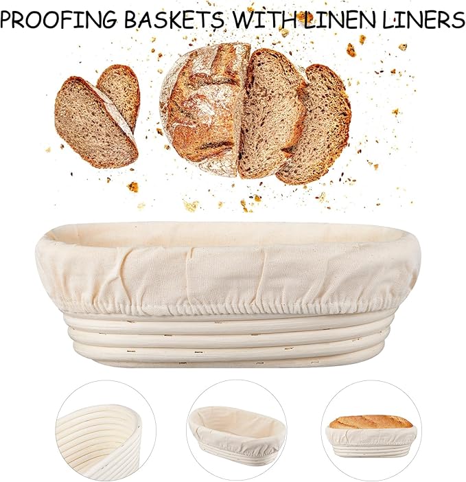 Dimpola Banneton Bread Proofing Basket Banneton Basket Set Sourdough Proofing Basket Round Proofing Bowls Handmade Rattan Baskets and Liners (Oval 10 inch set of 2)