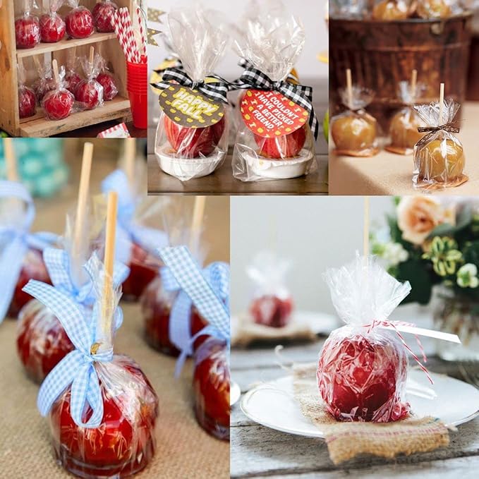 200 Pack Candy Apple Caramel Apple Sticks and Bags,100 Bags,100 Sticks, 50 Yard Gold and Silver Glitter Ribbon Caramel Apple Making kit