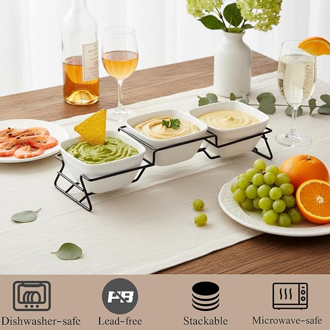 ZENFUN 10 oz Square Bowl Chip & Dip Serving Set, Pocelain Ramekin Bowls with Metal Rack Stand, White Small Serving Dishes, Condiment Serving Tray for Entertaining, Party, Buffets, Christmas