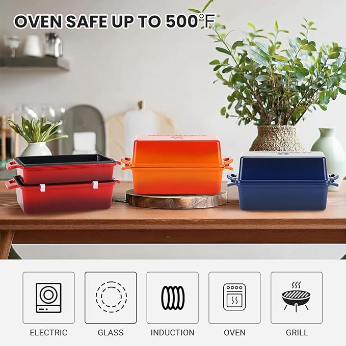 Northriver Casting 9x5 Inch Enameled Cast Iron Loaf Pan with Lid, Perfect Bread Baking Pan | Even Heat Distribution for Homemade Bread, Cake, Meatloaf，2 Piece set，Red