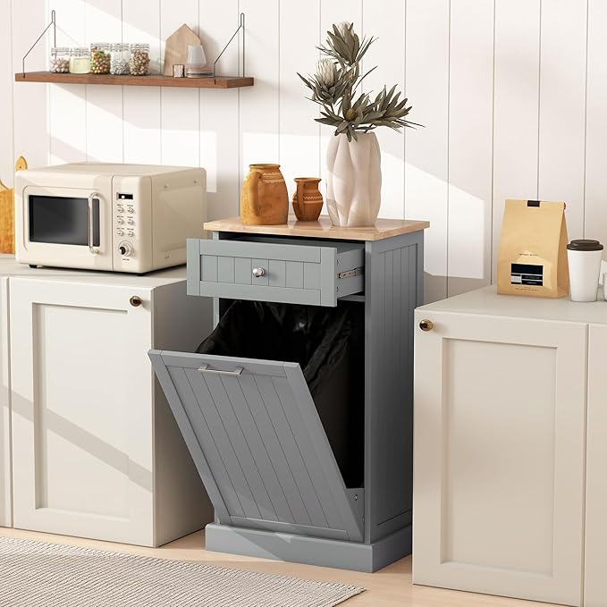 HOMCOM Kitchen Tilt Out Trash Bin Cabinet Free Standing Recycling Cabinet Trash Can Holder with Drawer, Gray