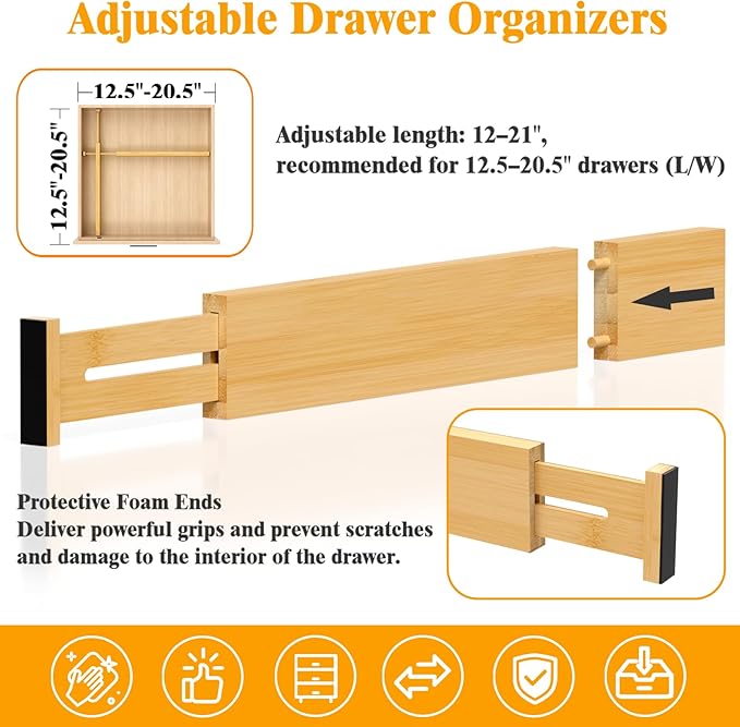 Bamboo Drawer Dividers,12-21" Adjustable Drawer Organizers for Clothes,Expandable Dresser Separators in Kitchen/Bedroom/Bathroom/Vanity/Office Organization and Storage,8-Pack