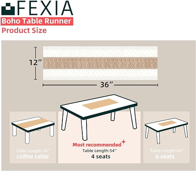 FEXIA Boho Table Runner 36 Inches Long(Without Tassel) Thanksgiving Farmhouse Home Decor Rustic Cream & Brown Macrame Table Runner for Dining Bedroom Decor(12x36 Inches)