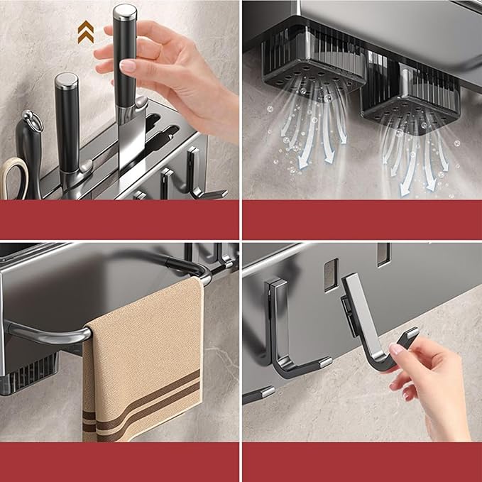 Utensil Holder – Kitchen Wall Organizer | No-Drilling Wall Mount Cutlery Storage Rack With Hooks, Towel Hanger For Spatula, Spoon, Mug & Kitchen Accessories Organization And Space Saving