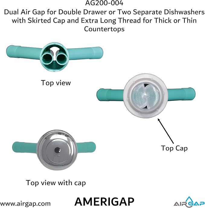 Dual Air Gap for Double Drawer or Two Separate Dishwashers with Skirted Cap and Extra Long Thread for Thick or Thin Countertops (AG200-004, AG200-001, T52, AMERIGAP)