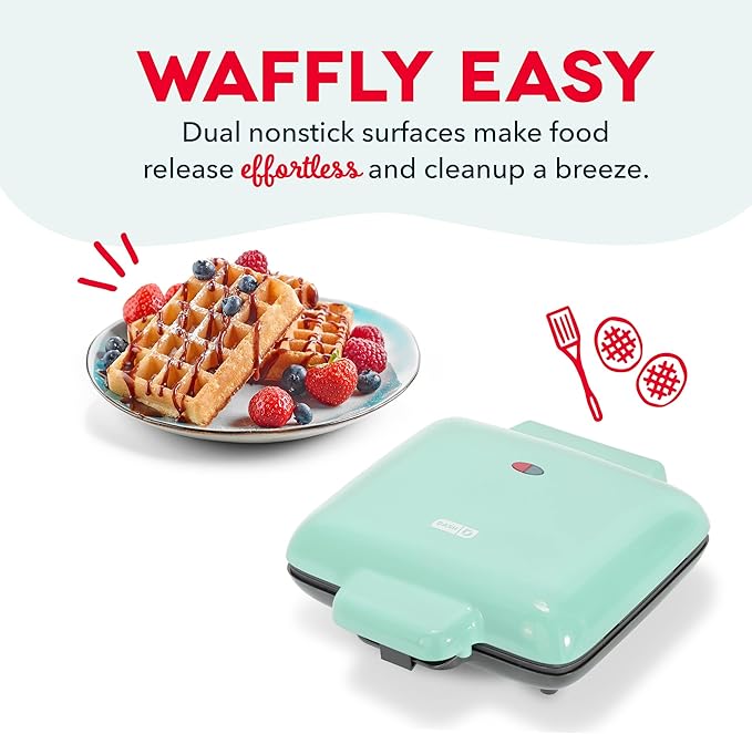 Dash Multi Mini Waffle Maker- Quad Waffle Maker for Family Breakfasts - Dual Nonstick Heating Plates & Easy-Release Surface - Compact & Fast-Heating - Aqua