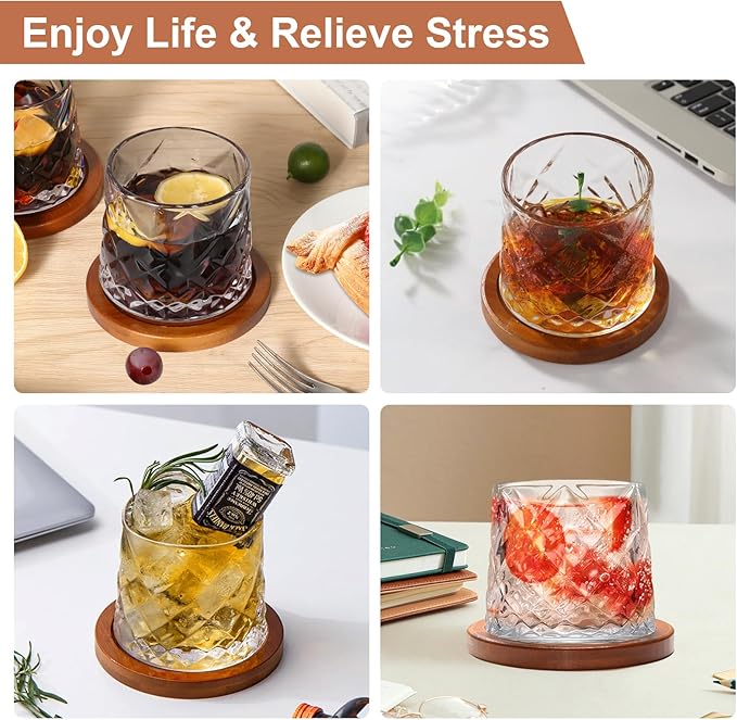 Rotatable Old Fashioned Glass Cup, 275ml/10oz Crystal Whiskey Glass Set of 2, Wood Coaster, Thickening, Used as Rum Glass Cup, Cocktail, Coffee, Milk to Relax and Reduce Stress, Christmas gifts