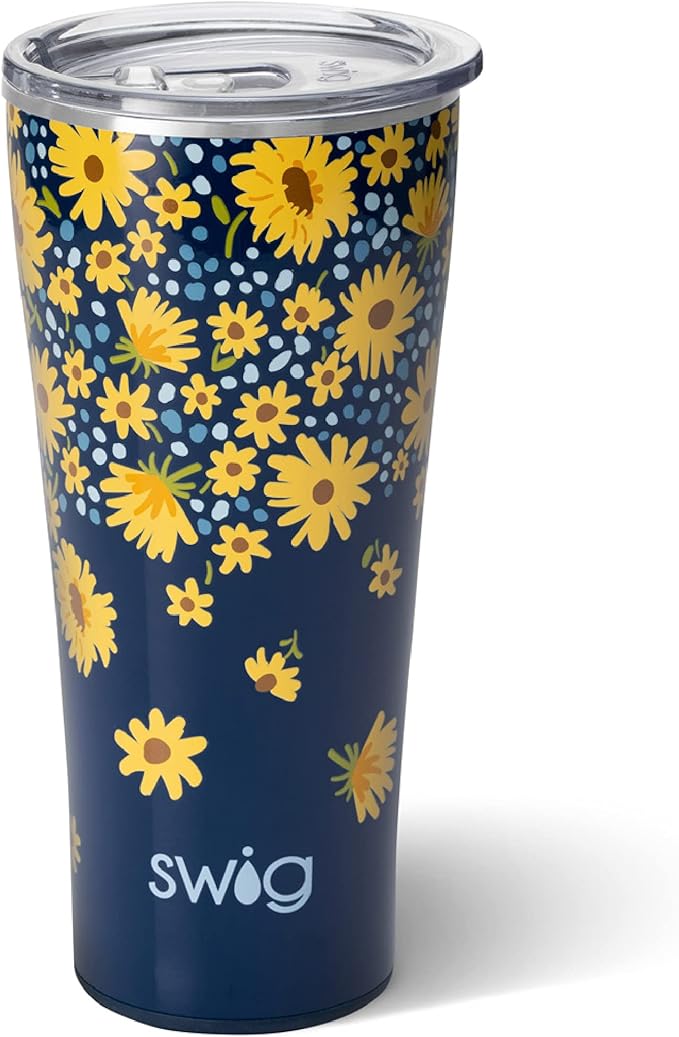 Swig Life 32oz Insulated Tumbler, Travel Coffee Tumbler with Lid, Cup Holder Friendly Travel Coffee Mug, Stainless Steel with Lid (Lazy Daisy)