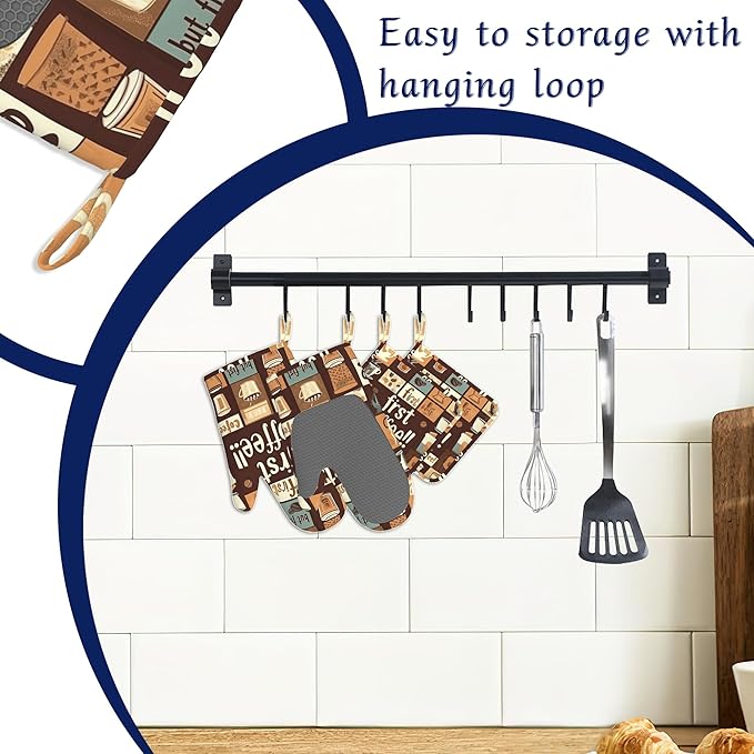 First Coffee Oven Mitts and Pot Holders Vintage Modern Art Silicone Kitchen Accessories Set of 4 Heat Resistant Non-Slip Long Gloves Potholder for Chef Cooking Baking Gifts Women Men