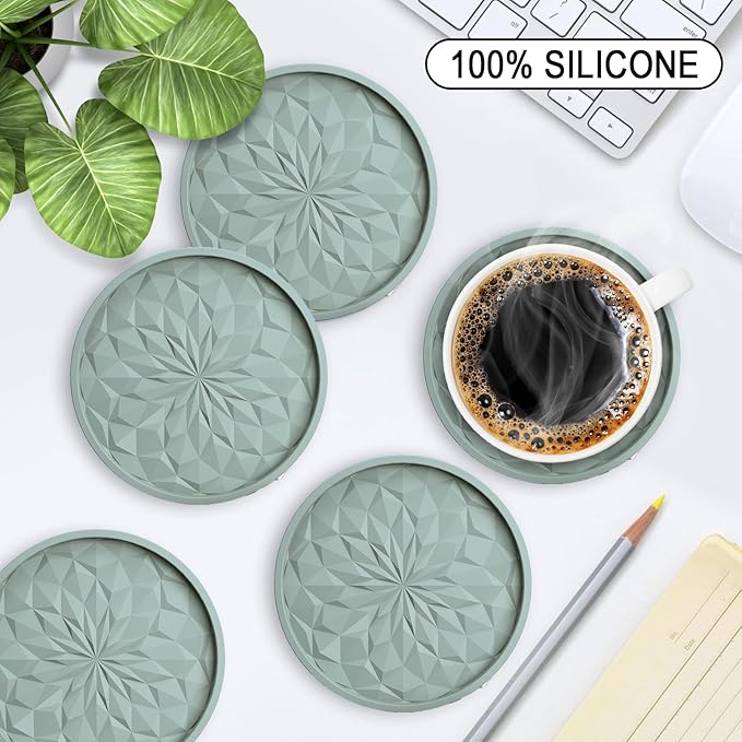 ME.FAN Silicone Coasters with Holder,[6 Pack] Drinking Coasters - Cup Mat for Hot or Cold Drinks, Thickened, Non-Slip, Non-stick,Deep Tray Desert Sage
