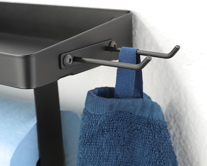 ZUNTO Garage Paper Towel Holder with Shelf, Black Stainless Steel Paper Towel Rack with Hooks, Wall Mount Paper Towel Holder for Kitchen, Garage Organization and Storage