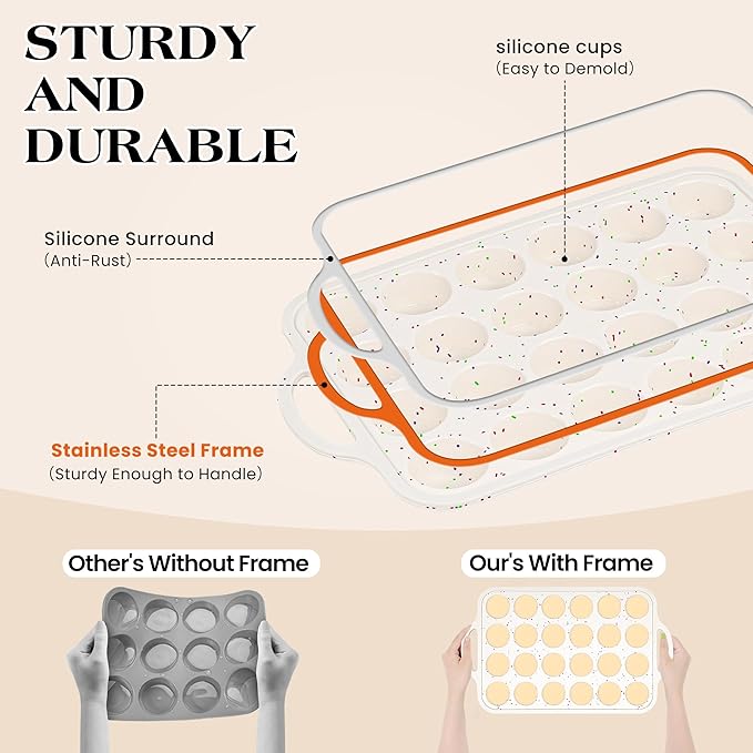 1 Pc Mini Muffin Pan with Metal Reinforced Frame, 24 Cups Nonstick Silicone Cupcake Tray for Baking, Food Grade Small Muffin Molds with Handles (Cream)
