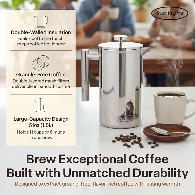 SterlingPro Stainless Steel French Press Coffee Maker 1.5 L (51 oz) Mirror – Double Walled Insulated Large Coffee Press, Durable Design Keeps Drinks Hot, Easy to Use and Clean for Rich Flavor Brewing