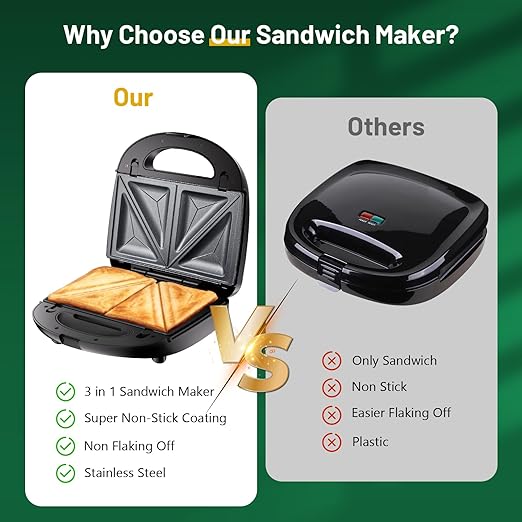 KEENSTAR 3 in 1 Electric Sandwich Maker, Waffle Maker with Removable Non-Stick Plates, Grill with Double-Sided Heating, Easy to Clean and Store, Perfect for Cooking Breakfast, Grilled Cheese and Steak
