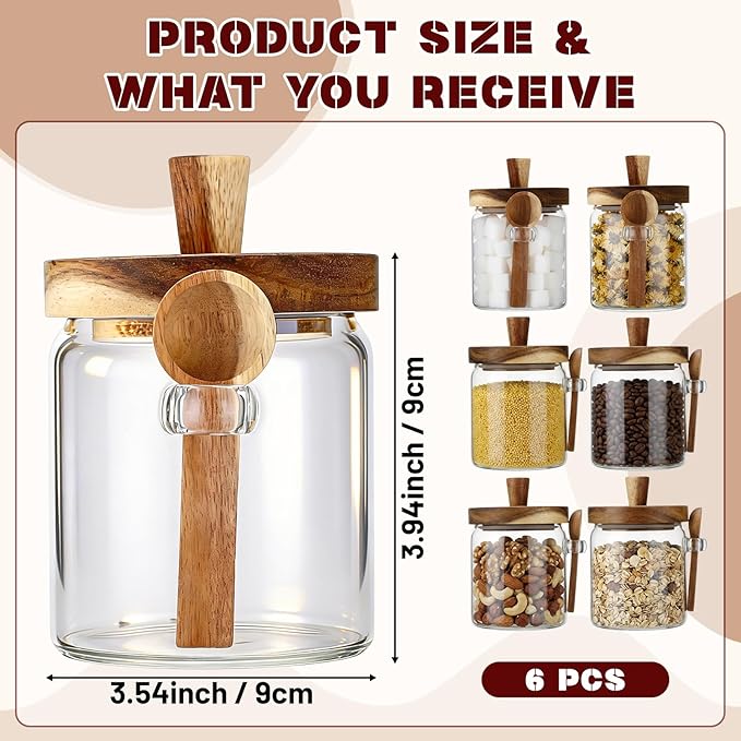 Remerry Set of 6 Glass Jar with Wooden Lid and Spoon, Clear Airtight Spice Canisters Glass Food Storage Kitchen Containers Set for Coffee Bean Tea Sugar (13.5 oz)