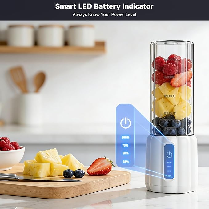 Portable Blender, Personal Blender for Smoothies and Shakes, Small Juice Mixer with LED Display, USB C Rechargeable Shake Maker with 6 Blades for Kitchen, Outdoor, Gym, 17 Oz, White