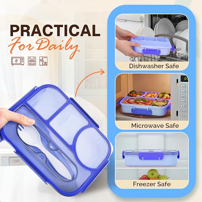 EASYFUN Bento Lunch Box Set Bento Box, 4-Compartment Lunch Containers,High Capacity Lunch Tote Bags for Work, Travel, Outdoor (Blue)