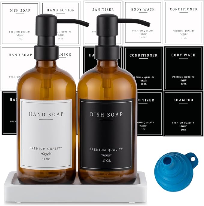 Thick Glass Soap Dispenser - Kitchen Dish Hand Soap Dispenser Set, Rustproof Pump Soap Lotion Dispenser Bathroom with Tray,14 Stickers for Kitchen Decor Amber Bottle/Black Pump
