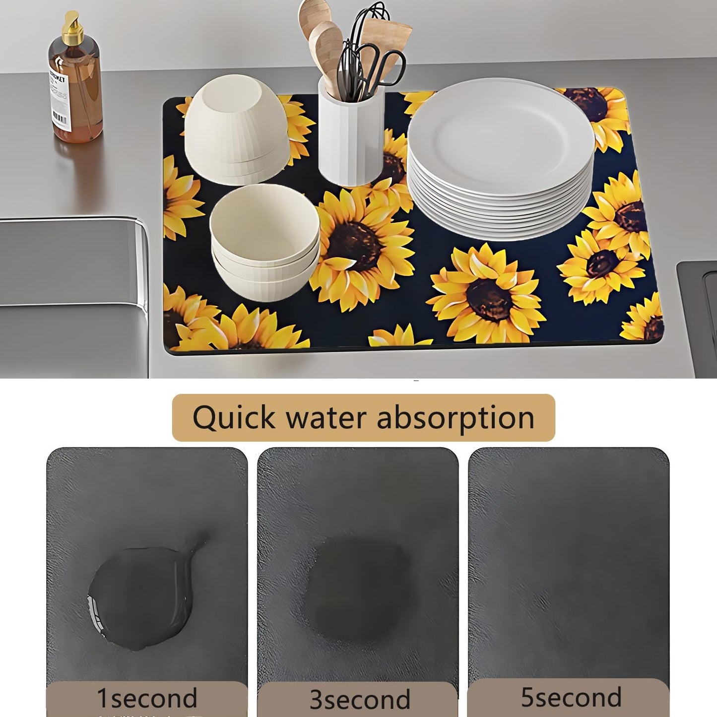 Dish Drying Mat Foldable Fall Kitchen Drying Mat Absorbent Sink Mat Multi-Purpose Coffee Pad Easy To Clean,Kitchen Gadgets,sunflower decor(sunflower) (16inches*18inches)