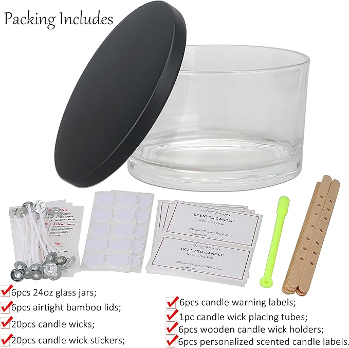 MILIVIXAY 6 Pack 24 oz Candle Jars with Metal Lids and Candle Making Kits - 3 Wick Candle Jar,Bulk Empty Clear Thick Glass Jars for Making Large Candles - Spice, Powder Containers.