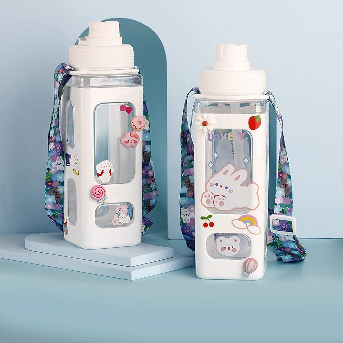 Kawaii Bear Pastel Water Bottle With 3D Sticker 700ml Plastic Travel Tea Juice Milk Portable Cute Shaker Drink Bottle Gift (White)